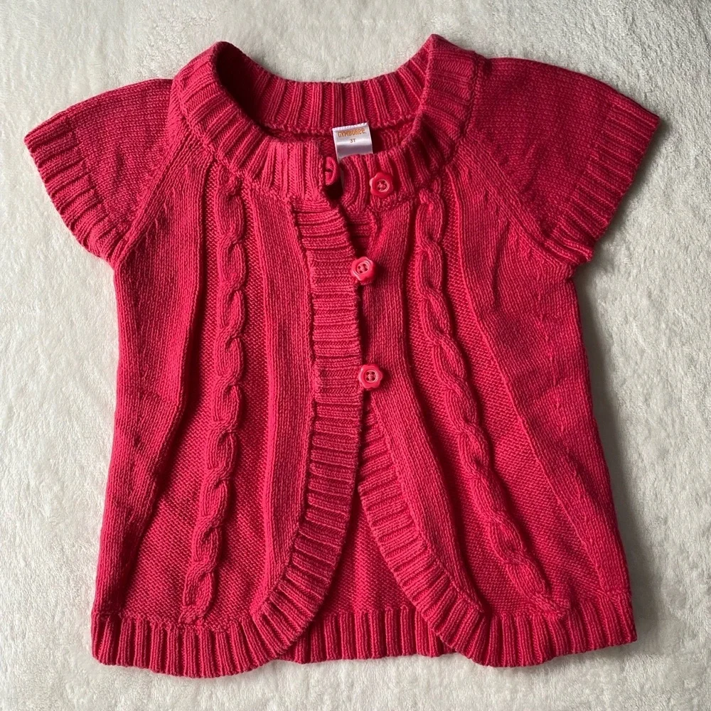 Gymboree Kids Cardigan Pink Cable Knit Short Sleeve Flower‎ Button Front 3T Cozy